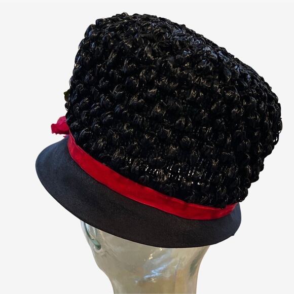 Floral Hat Cloche Black Red Band Woven Raffia Vintage 60s MidMod MCM - Picture 4 of 8